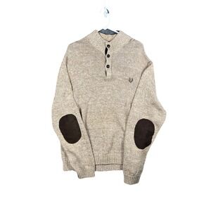 Chaps Men's‎ Tan Speckled Knit Mock Neck Button Sweater Elbow Patches XXL